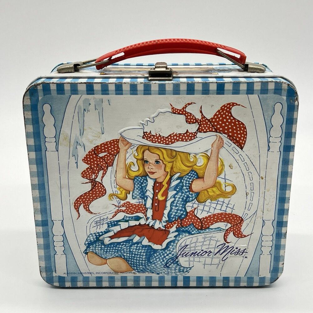 Vintage Aladdin Junior Miss Metal Lunch Box Illustrated Kids Scene Red Handle